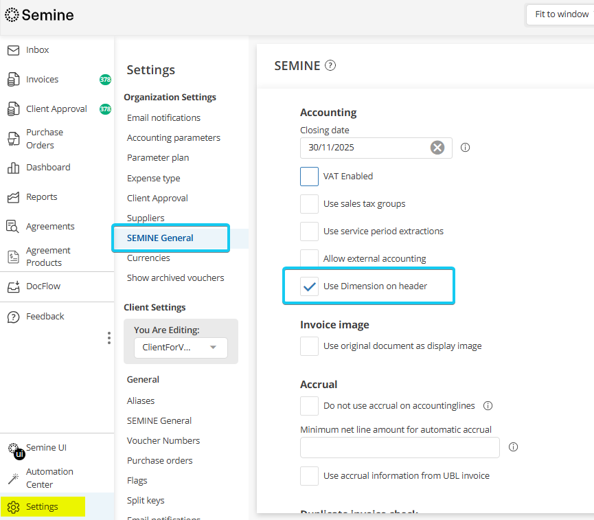 Enable Dimension on Header at organization level