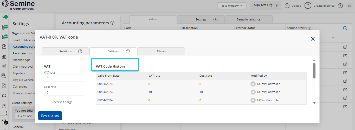 VAT code history table