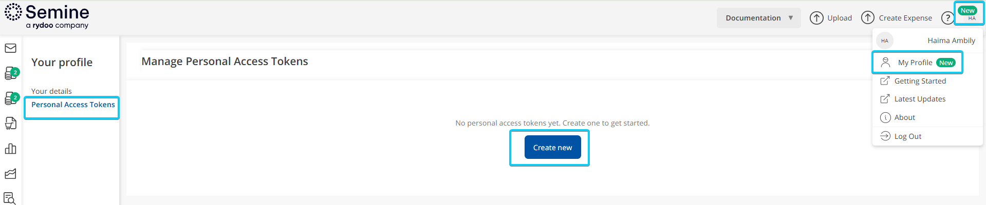 Manage Personal Access Tokens page