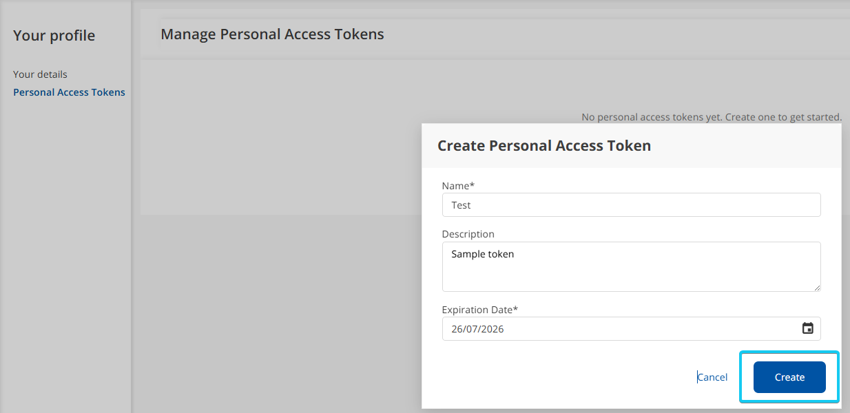 Create Personal Access Token dialog