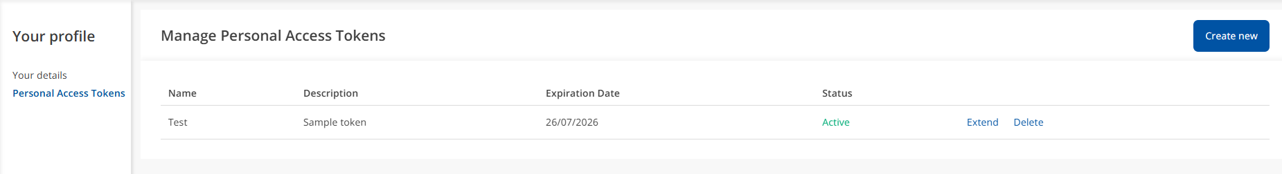 Token list with Edit and Delete actions