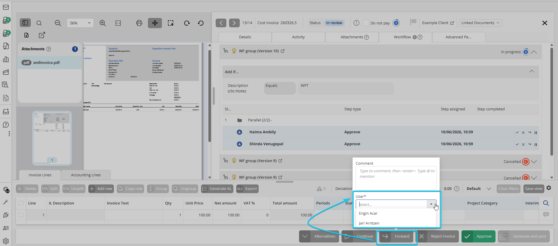 Invoice forwarding dropdown